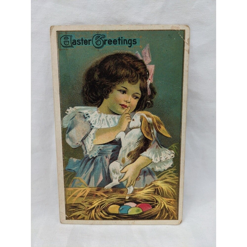 Vintage Easter Greetings Little Girl Holding Rabbit With Colored Eggs Post Card